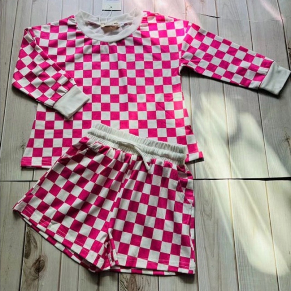 Pink Checkered Kids long sleeve top and short set